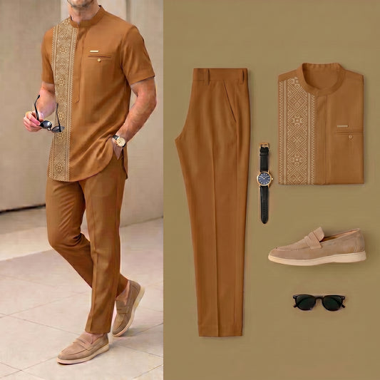 Men's Luxury Resort Wear Linen Coffee Color Henry Collar Short Sleeves Walking Suits