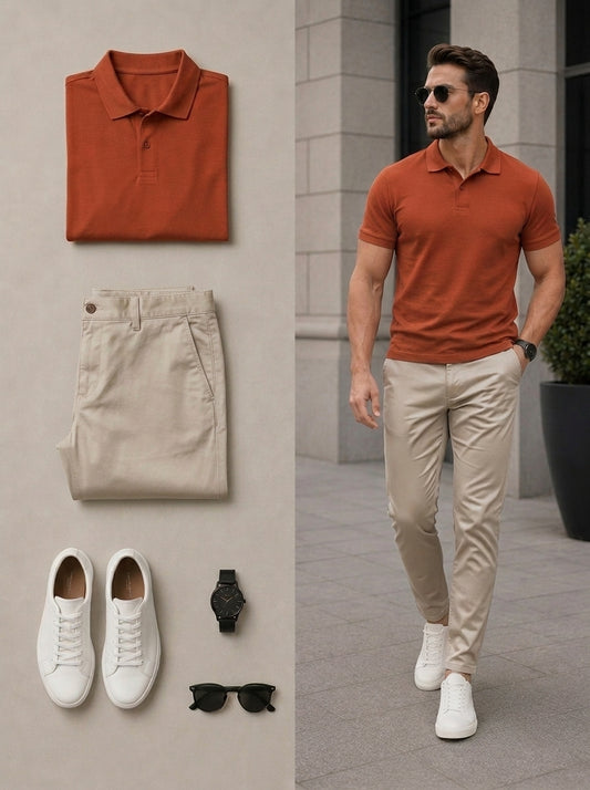 Men's Casual Orange & Khaki Color Matching Short Sleeves Polo Shirt & Pants Two Piece Set