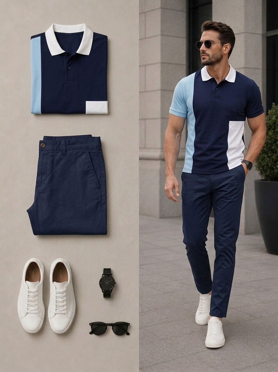 Men's Casual Navy Blue Color Matching Short Sleeves Polo Shirt & Pants Two Piece Set