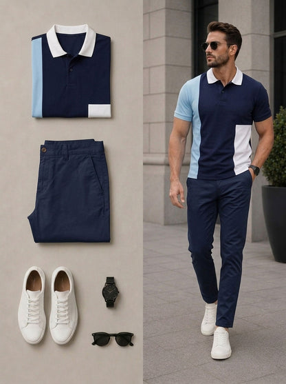 Men's Casual Navy Blue Color Matching Short Sleeves Polo Shirt & Pants Two Piece Set