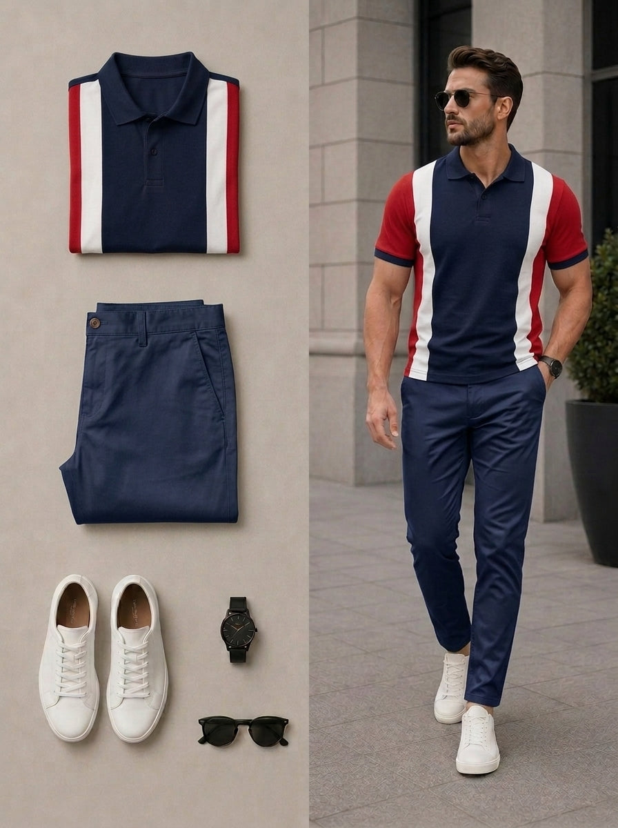 Men's Casual Red & Navy Blue Color Matching Short Sleeves Polo Shirt & Pants Two Piece Set
