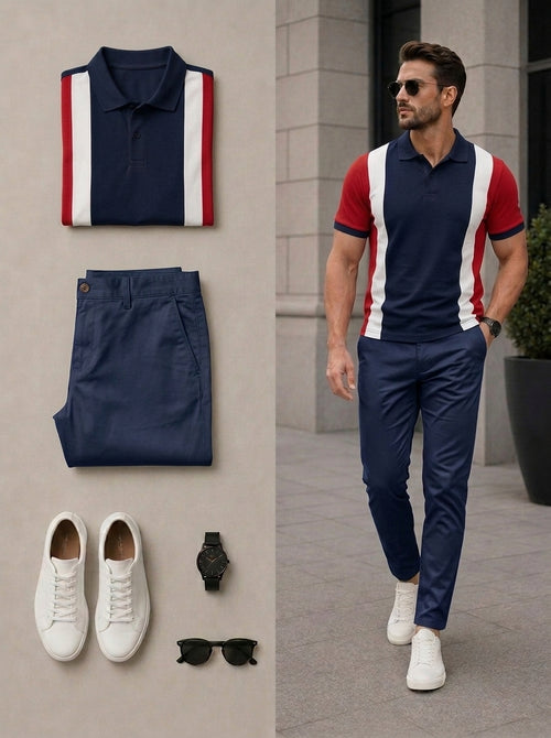 Men's Casual Red & Navy Blue Color Matching Short Sleeves Polo Shirt & Pants Two Piece Set
