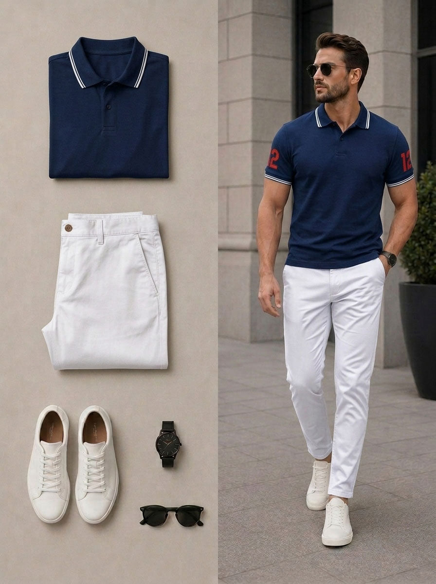 Men's Casual Navy Blue White Color Matching Short Sleeves Polo Shirt & Pants Two Piece Set