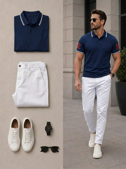 Men's Casual Navy Blue White Color Matching Short Sleeves Polo Shirt & Pants Two Piece Set