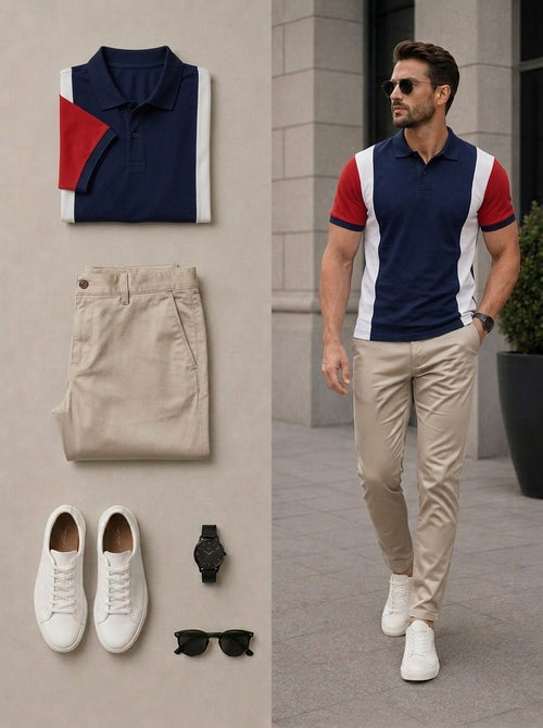 Men's Casual Navy Blue & Beige Color Matching Short Sleeves Polo Shirt & Pants Two Piece Set