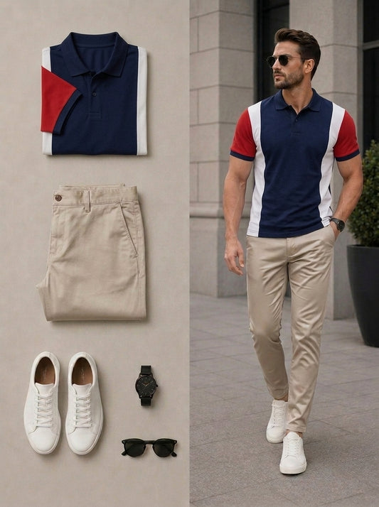 Men's Casual Navy Blue & Beige Color Matching Short Sleeves Polo Shirt & Pants Two Piece Set