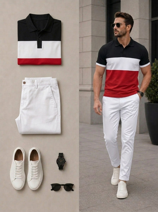 Men's Casual Black & Red & White Color Matching Short Sleeves Polo Shirt & Pants Two Piece Set