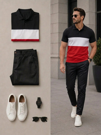 Men's Casual Black & Red & White Color Matching Short Sleeves Polo Shirt & Pants Two Piece Set