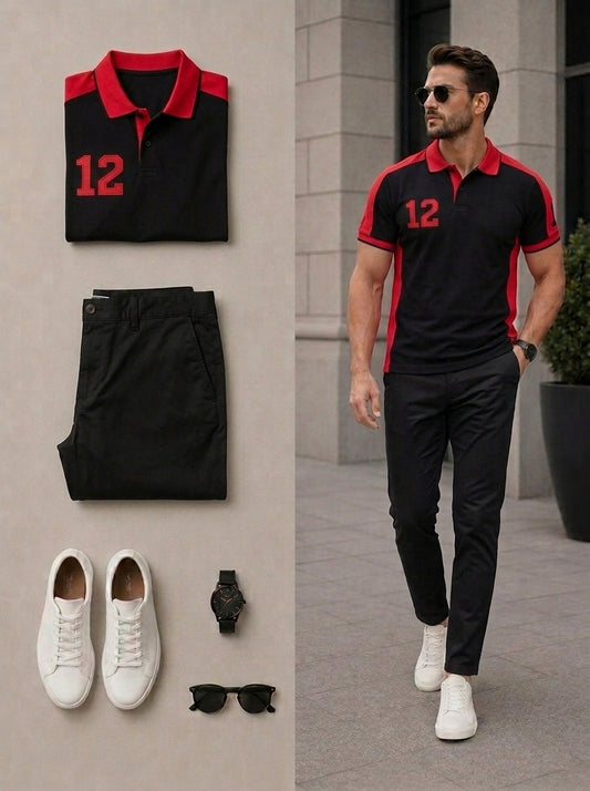 Men's Casual Black & Red Color Matching Short Sleeves Polo Shirt & Pants Two Piece Set