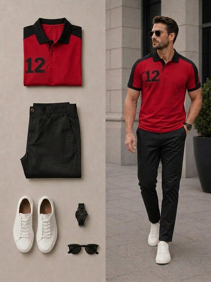Men's Casual Black & Red Color Matching Short Sleeves Polo Shirt & Pants Two Piece Set