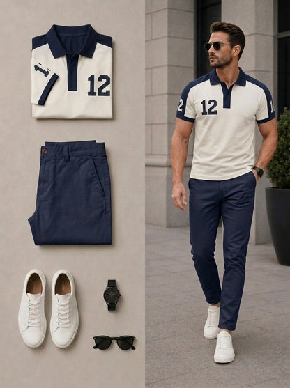 Men's Casual Black & White Color Matching Short Sleeves Polo Shirt & Pants Two Piece Set