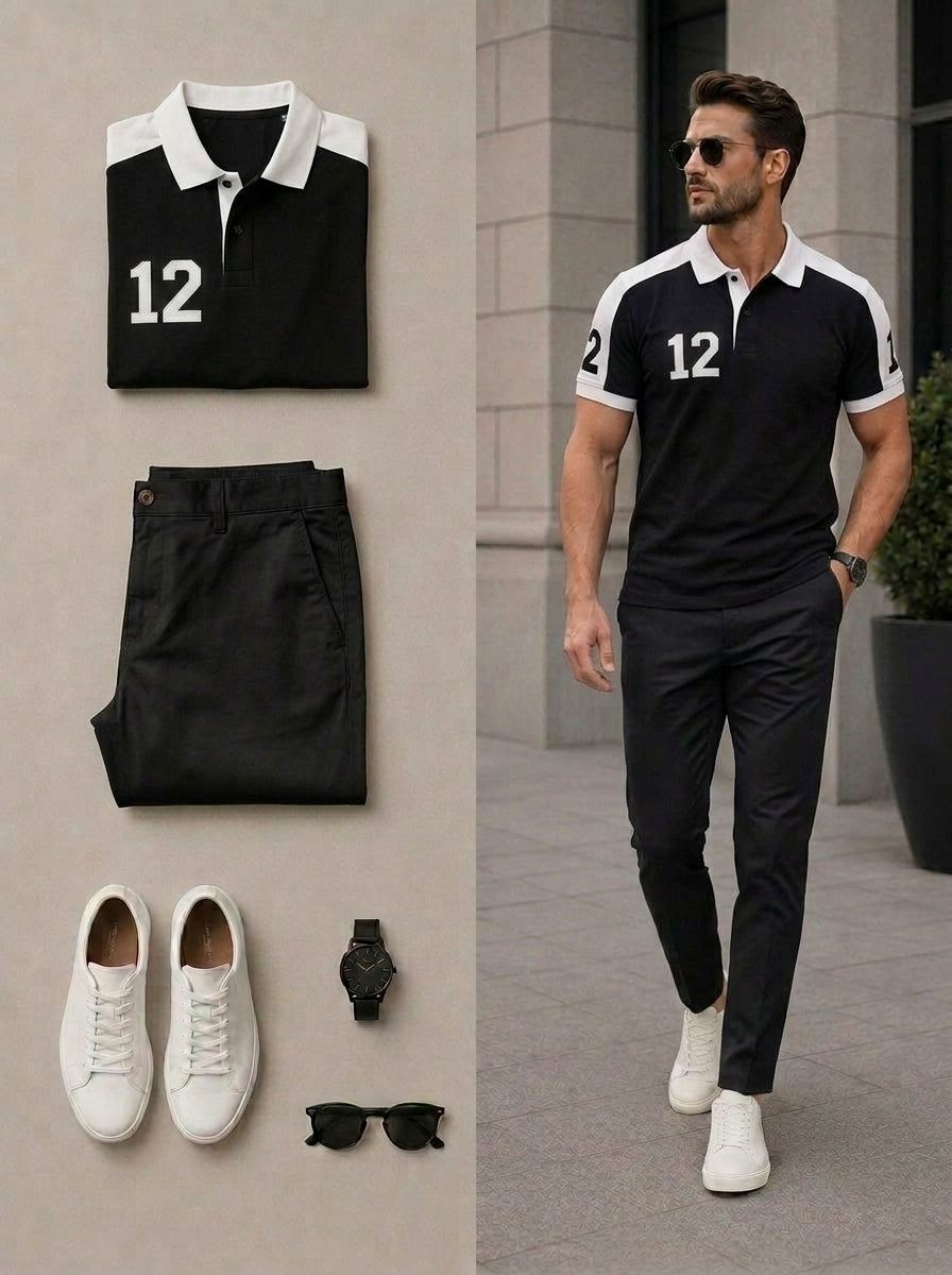Men's Casual Beige & Navy Color Matching Short Sleeves Polo Shirt & Pants Two Piece Set