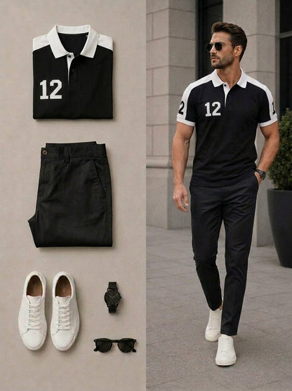 Men's Casual Beige & Navy Color Matching Short Sleeves Polo Shirt & Pants Two Piece Set