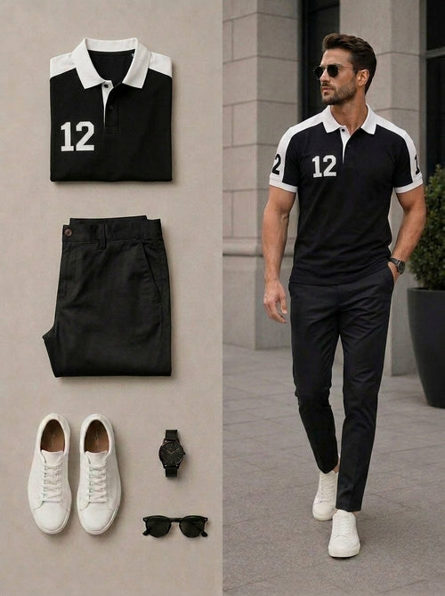 Men's Casual Black & White Color Matching Short Sleeves Polo Shirt & Pants Two Piece Set
