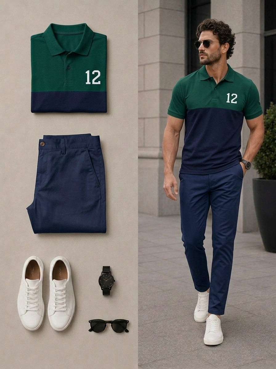 Men's Casual Green & Navy Blue Color Matching Short Sleeves Polo Shirt & Pants Two Piece Set