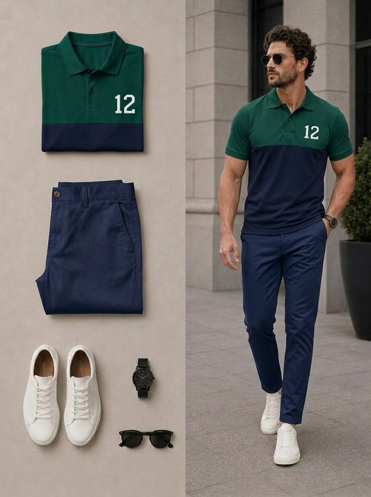 Men's Casual Green & Navy Blue Color Matching Short Sleeves Polo Shirt & Pants Two Piece Set