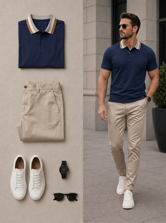 Men's Casual Navy Blue & Khaki Color Matching Short Sleeves Polo Shirt & Pants Two Piece Set