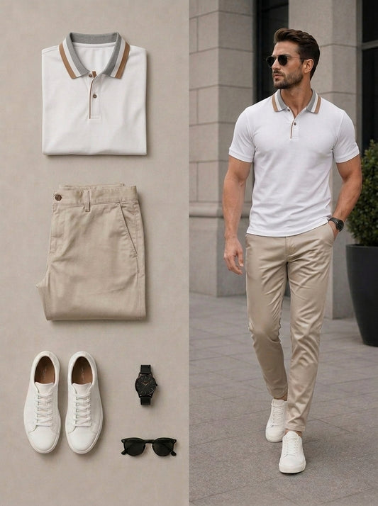Men's Casual Navy Blue & Khaki Color Matching Short Sleeves Polo Shirt & Pants Two Piece Set