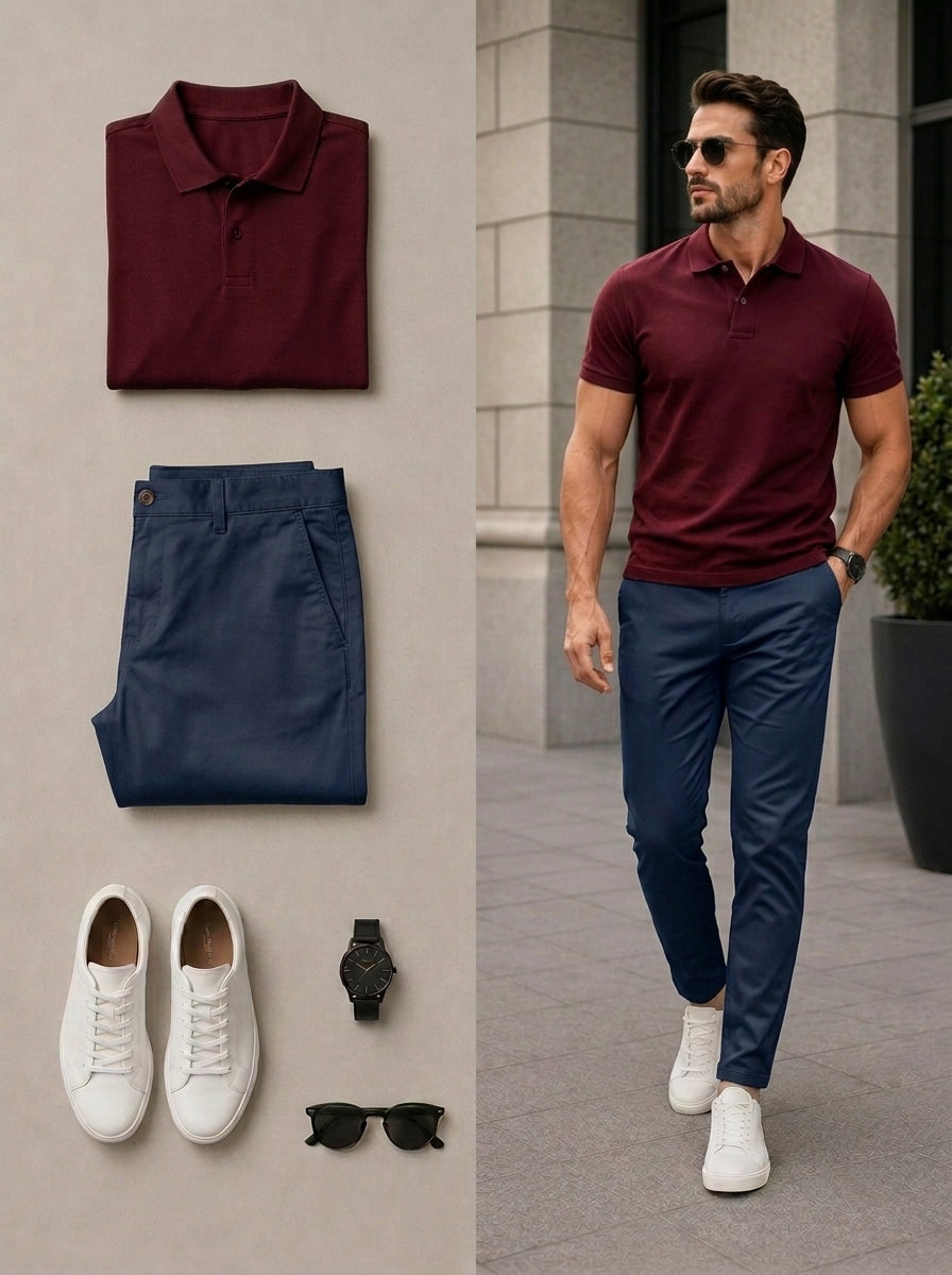 Men's Casual Burgundy & Navy Color Matching Short Sleeves Polo Shirt & Pants Two Piece Set