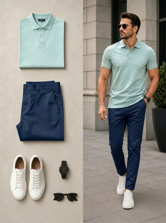 Men's Casual Light Green & Navy Color Matching Short Sleeves Polo Shirt & Pants Two Piece Set
