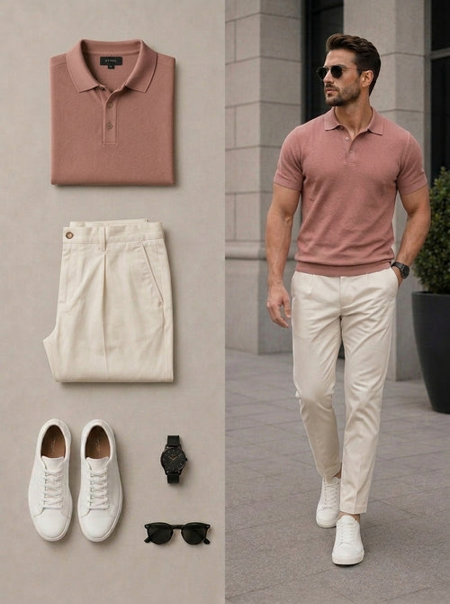 Men's Casual Light Pink & Beige Color Matching Short Sleeves Polo Shirt & Pants Two Piece Set