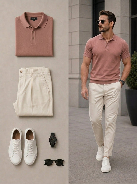 Men's Casual Light Pink & Beige Color Matching Short Sleeves Polo Shirt & Pants Two Piece Set