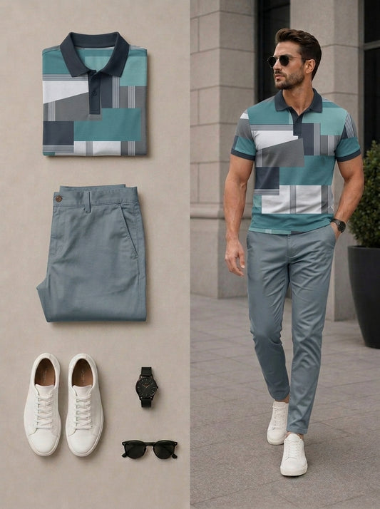 Men's Casual Multi Grass Green Color Matching Geometric Printed Short Sleeves Polo Shirt & Pants Two Piece Set