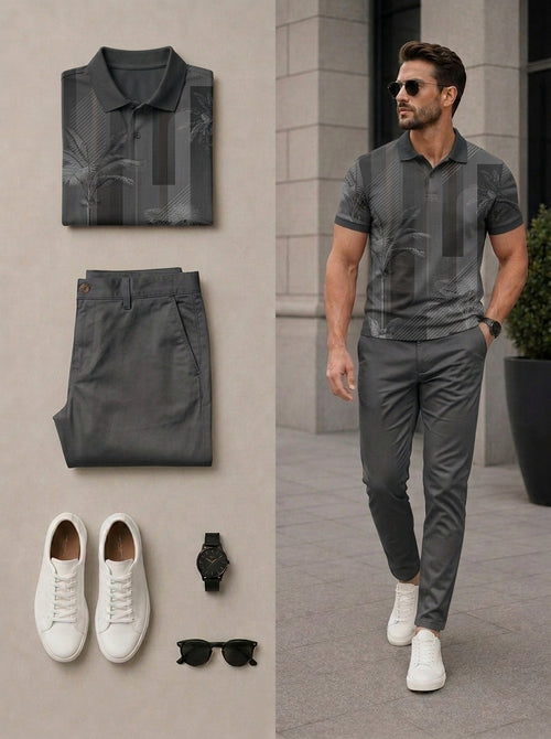 Men's Casual Gray Color Matching Retro Style Printed Short Sleeves Polo Shirt & Pants Two Piece Set