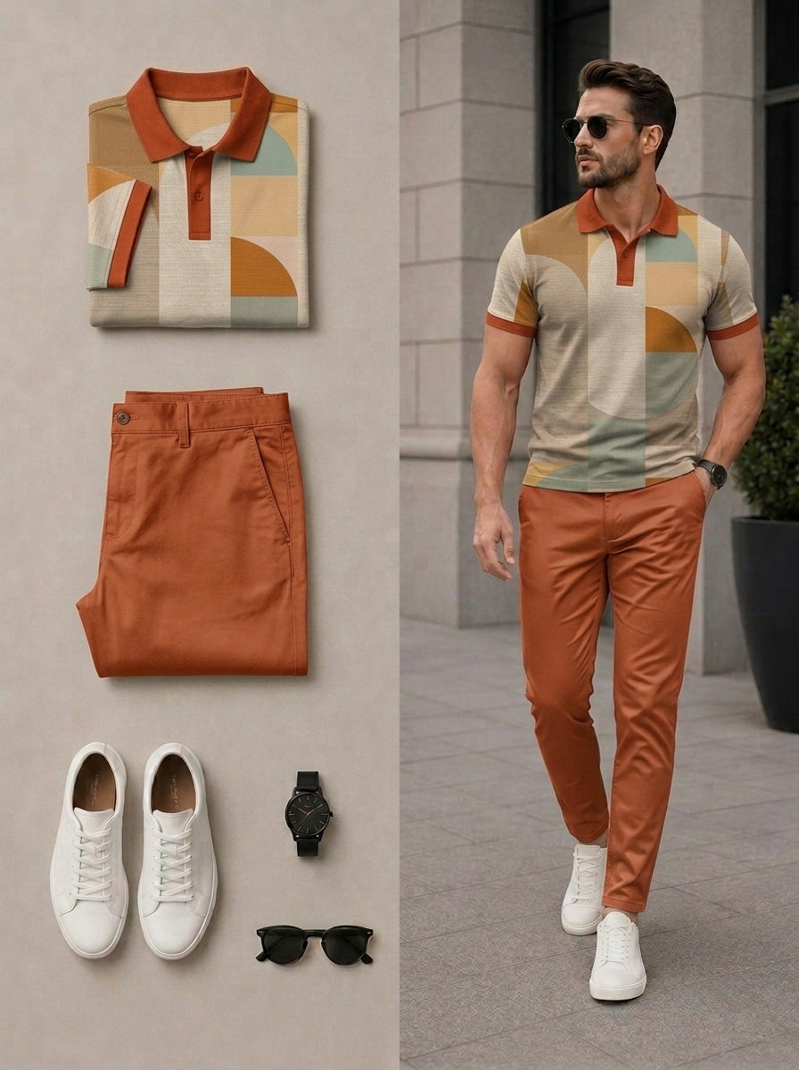 Men's Casual Multi Orange Color Matching Retro Style Printed Short Sleeves Polo Shirt & Pants Two Piece Set