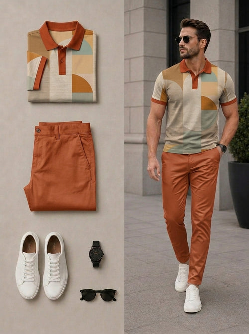 Men's Casual Multi Orange Color Matching Retro Style Printed Short Sleeves Polo Shirt & Pants Two Piece Set