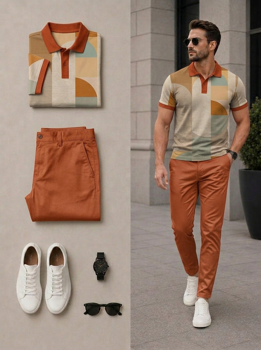 Men's Casual Multi Orange Color Matching Retro Style Printed Short Sleeves Polo Shirt & Pants Two Piece Set