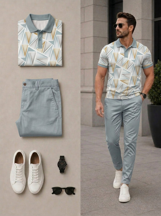 Men's Casual Light Green Color Matching Geometric Printed Short Sleeves Polo Shirt & Pants Two Piece Set