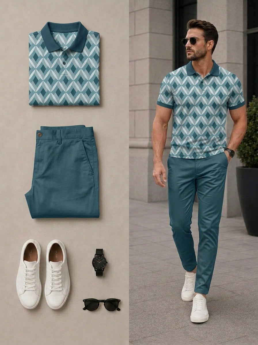 Men's Casual Green & White Color Matching Retro Style Printed Short Sleeves Polo Shirt & Pants Two Piece Set