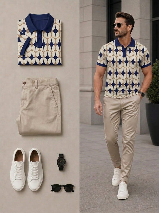 Men's Casual Navy Blue & Khaki Color Matching Geometric Printed Short Sleeves Polo Shirt & Pants Two Piece Set