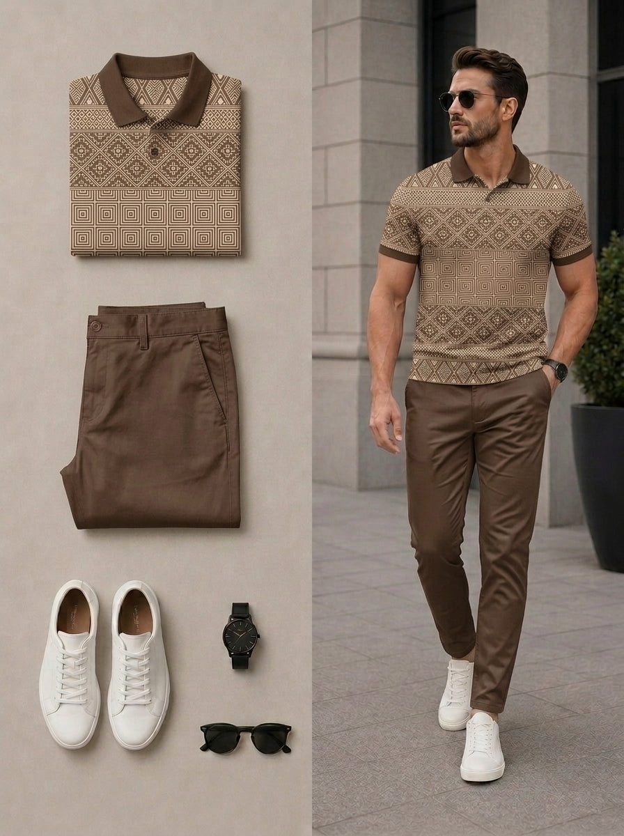 Men's Casual Retro Style Coffee Color Matching Geometric Printed Short Sleeves Polo Shirt & Pants Two Piece Set