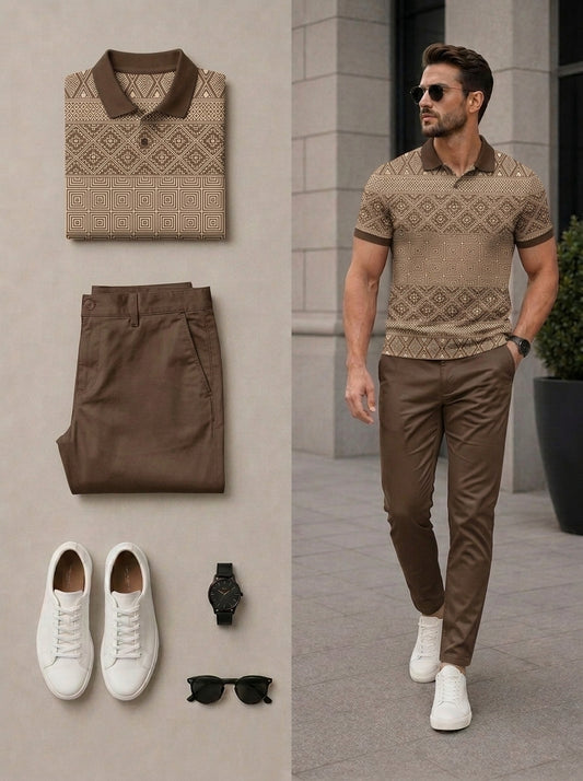 Men's Casual Retro Style Coffee Color Matching Geometric Printed Short Sleeves Polo Shirt & Pants Two Piece Set