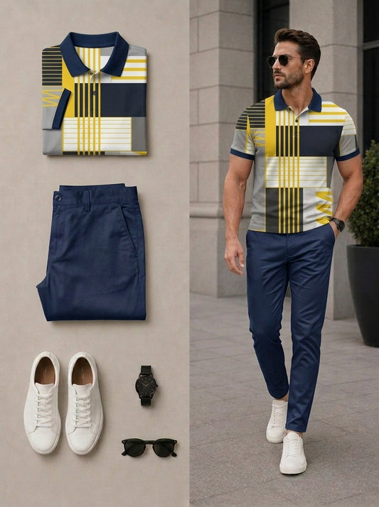 Men's Casual Yellow & Navy Blue Color Matching Geometric Printed Short Sleeves Polo Shirt & Pants Two Piece Set