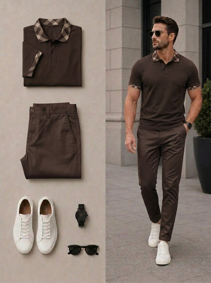 Men's Casual Khaki Color Checkered Short Sleeves Polo Shirt & Pants Two Piece Set
