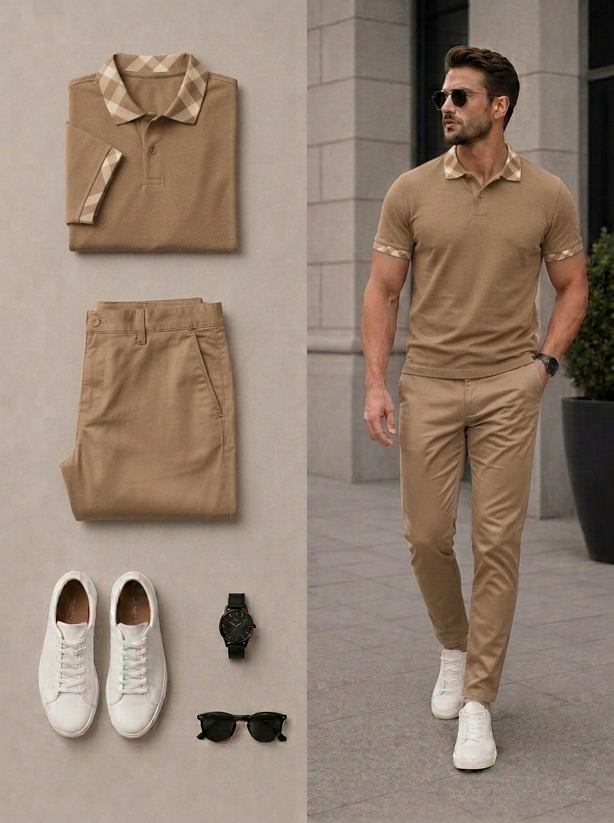 Men's Casual Khaki Color Checkered Short Sleeves Polo Shirt & Pants Two Piece Set