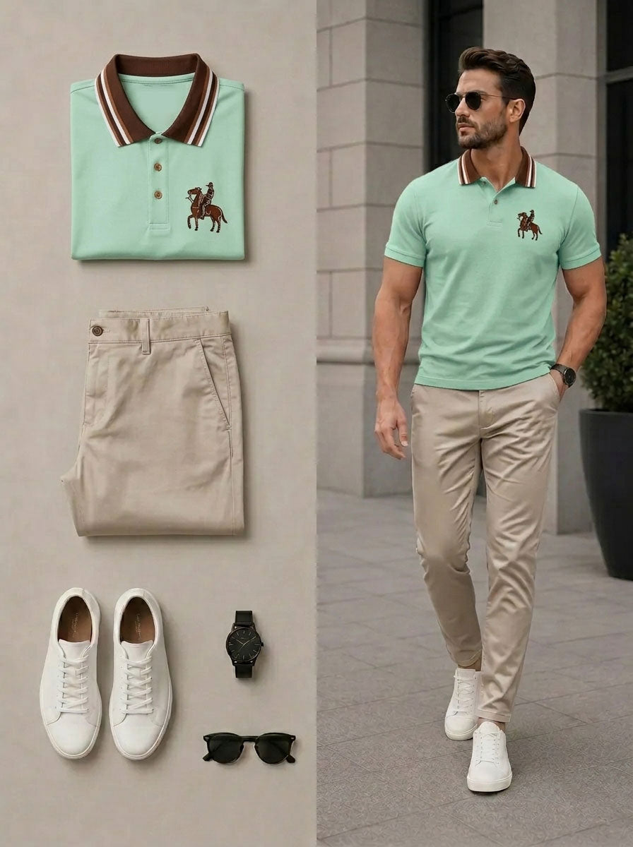 Men's Casual Light Green & Khaki Color Polo Shirt & Pants Two-Piece Set