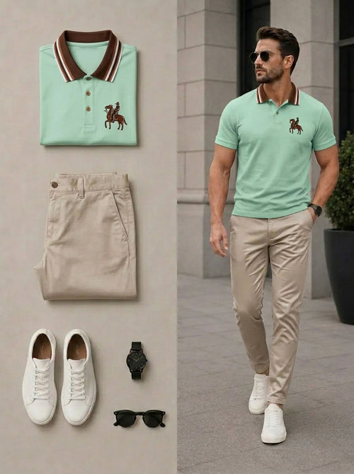 Men's Casual Light Green & Khaki Color Polo Shirt & Pants Two-Piece Set