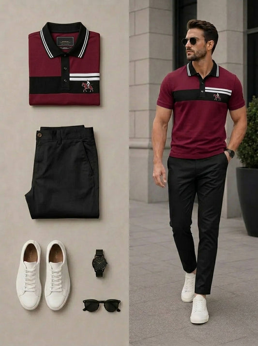 Men's Casual Burgundy & Khaki Color Matching Geometric Printed Polo Shirt & Pants Two-Piece Set