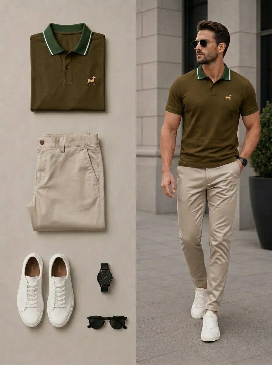 Men's Casual Army Green & Khaki Color Matching Geometric Printed Polo Shirt & Pants Two-Piece Set