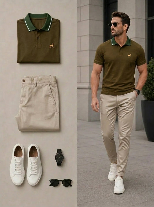 Men's Casual Army Green & Khaki Color Matching Geometric Printed Polo Shirt & Pants Two-Piece Set