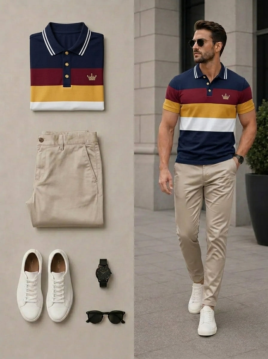 Men's Casual Navy Blue & Khaki Color Matching Printed Polo Shirt & Pants Two-Piece Set