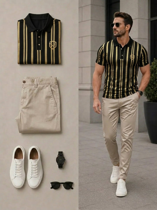 Men's Casual Black & Gold Color Matching Striped Printed Polo Shirt & Pants Two-Piece Set