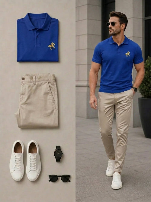 Men's Casual Royal Blue & Khaki Color Matching Polo Shirt & Pants Two-Piece Set