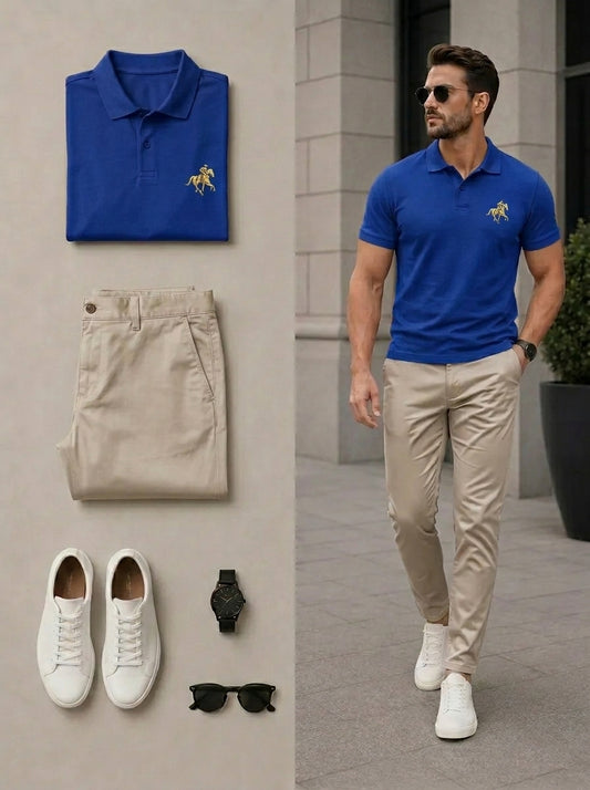 Men's Casual Royal Blue & Khaki Color Matching Polo Shirt & Pants Two-Piece Set