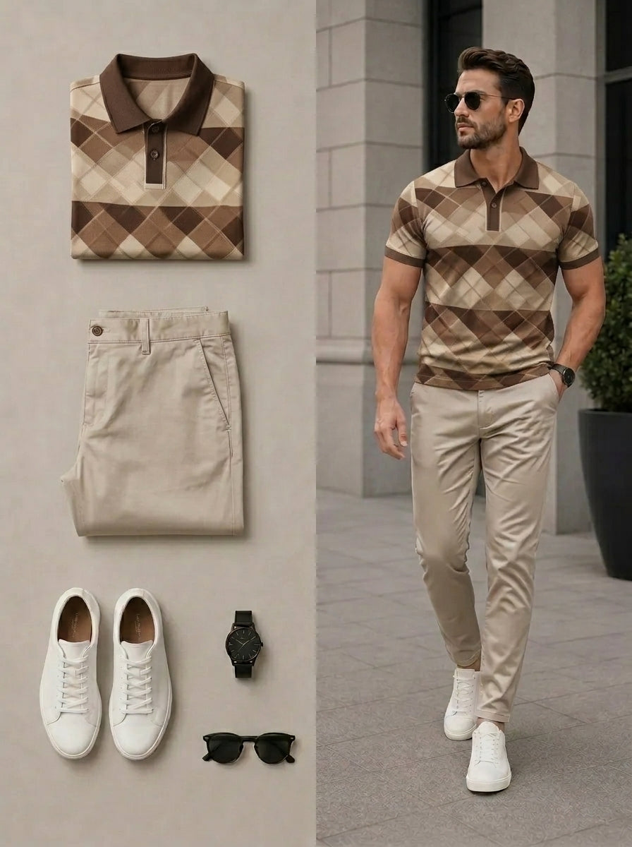 Men's Casual Multi Coffee & Khaki Color Matching Geometric Printed Polo Shirt & Pants Two-Piece Set