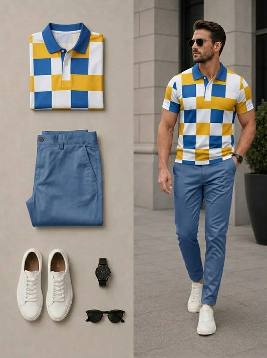Men's Casual Multi Yellow & Blue Color Matching Checkered Printed Polo Shirt & Pants Two-Piece Set